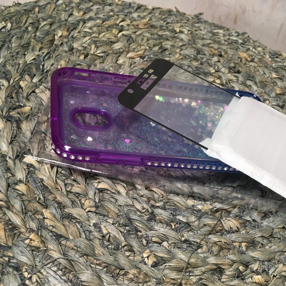 2pc Samsung Galaxy J7 2018/J7 Star/J7 Top Quicksand Glitter Case W/ Glass Screen - Picture 7 of 11